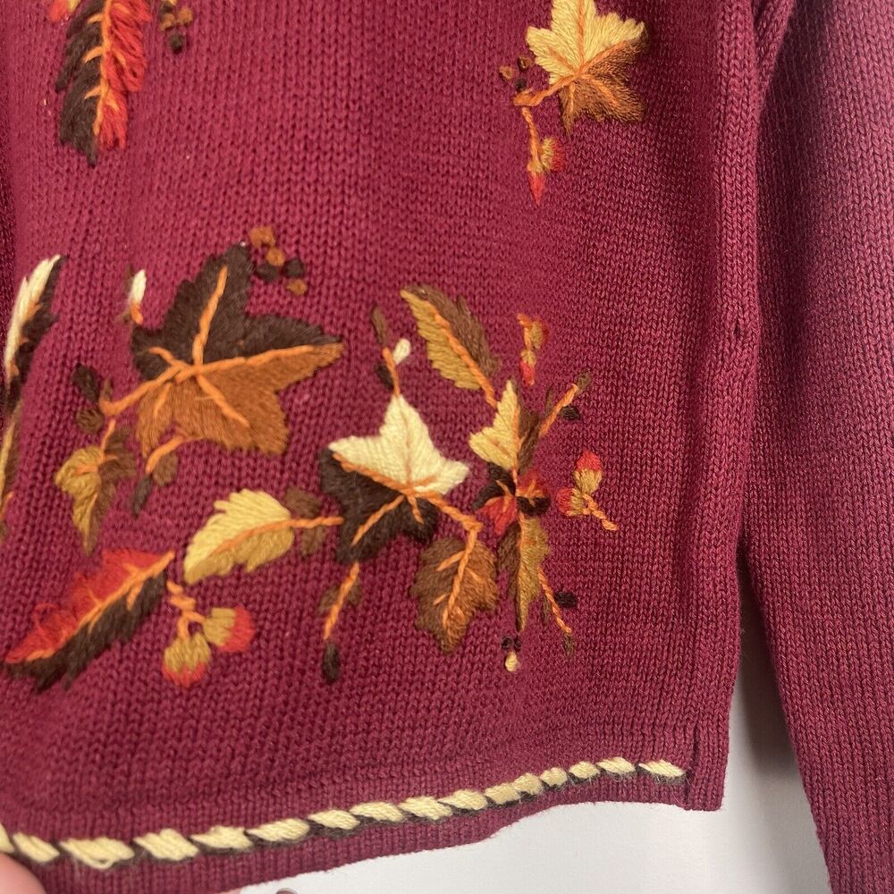 Embroidered Fall Leaf Crewneck Sweater - Burgundy - Picture 4 of 9
